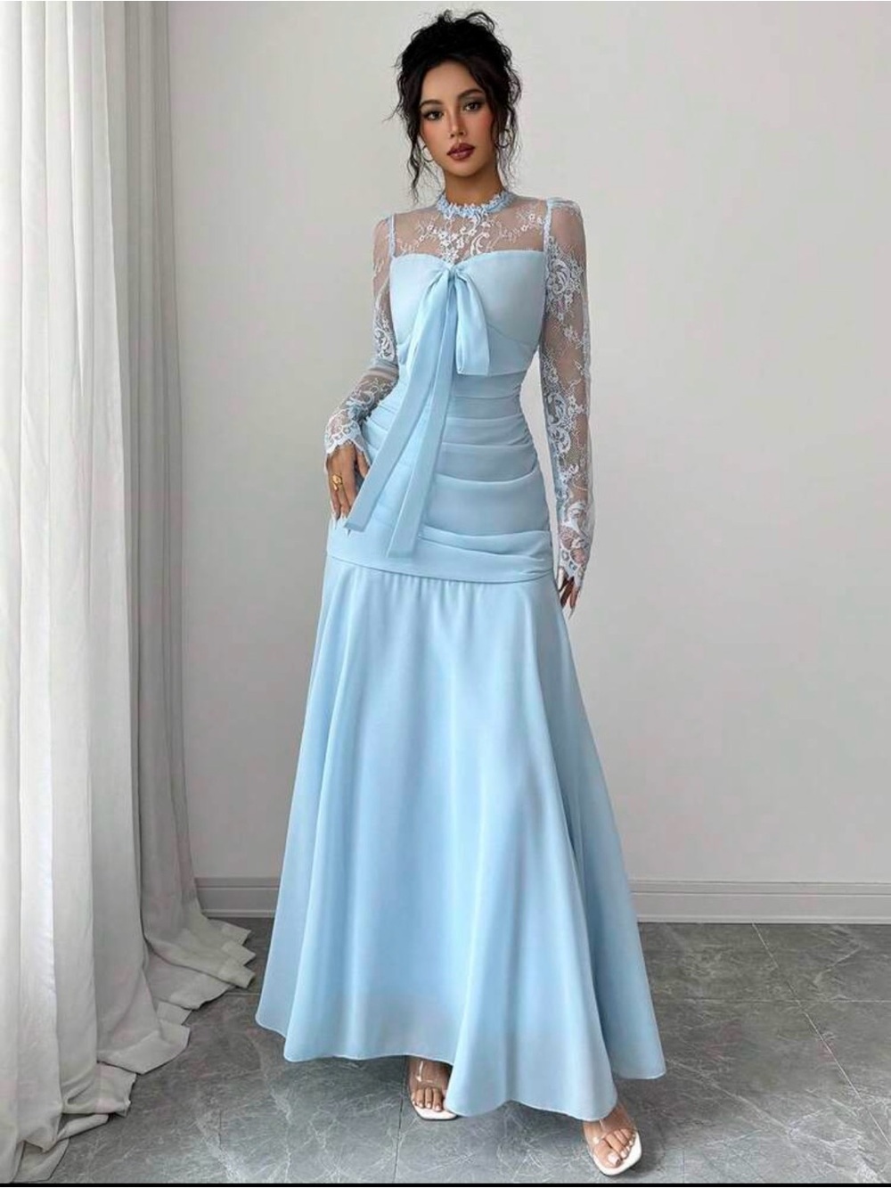 SHEIN Light Blue Lace Long Sleeve Bow-Front Evening Gown
